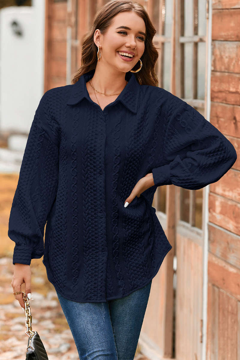 Navy Blue Cable Texture Puff Sleeve Loose Shacket
