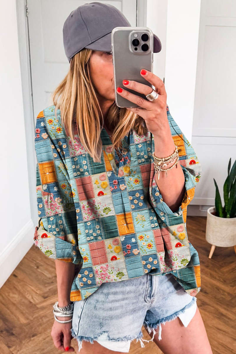Sky Blue Floral Collared V Neck Roll up Sleeve Shift Blouse