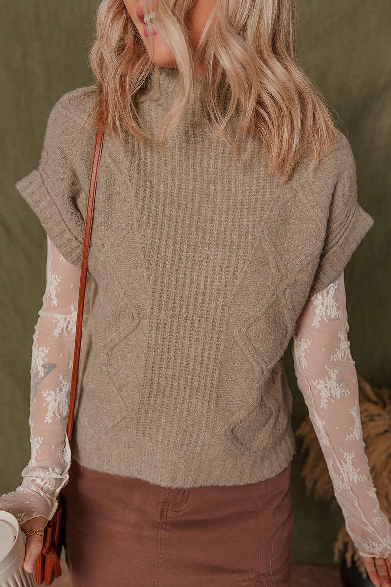 Smoke Gray Textured Knit High Neck Sweater T Shirt