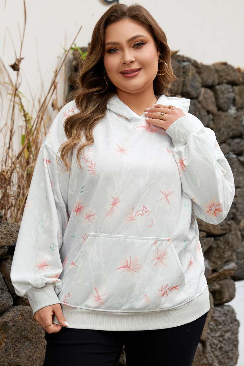 Gray Floral Print Plus Size Loose Hoodie