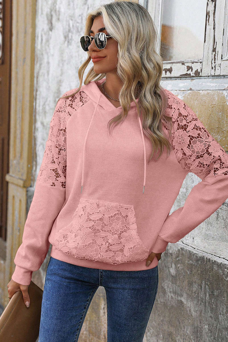 Gossamer Pink Lace Patchwork Raglan Sleeve Kangaroo Pocket Waffle Hoodie