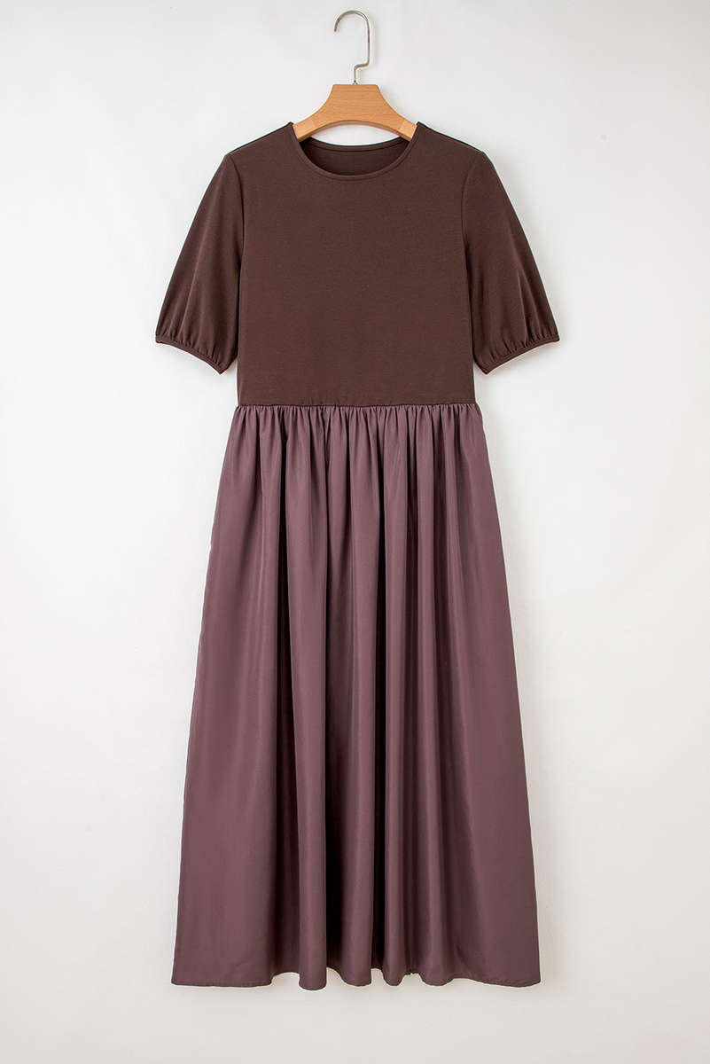 Coffee Short Sleeve Knit Top Patchwork Pleated Long Dress