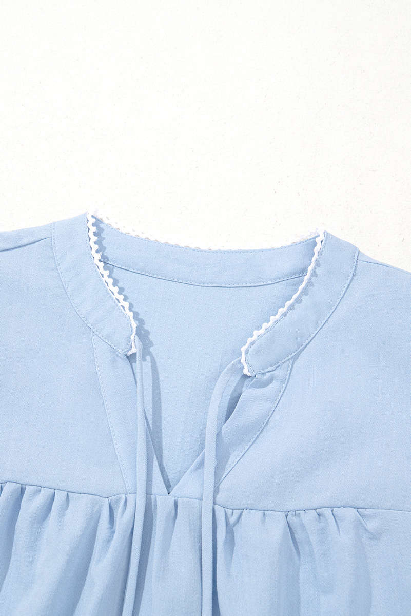 Beau Blue Floral Embroidered Puff Sleeve Split Neck Blouse