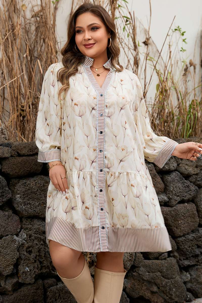 Khaki Plus Size Floral Print Striped Trim Patchwork Button Down A-line Dress