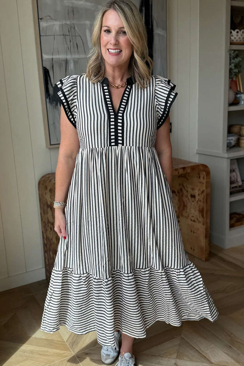 Black Stripe Double Ruffled Short Sleeve Contrast Trim V Neck Midi Dress