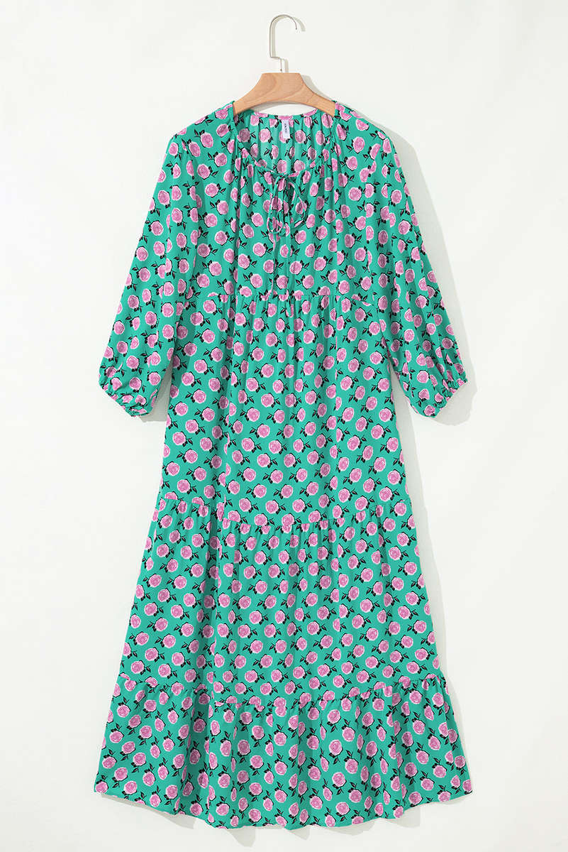 Green Boho Printed Half Sleeve Maxi Dress