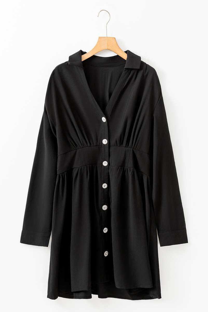Black Elastic Cinched High Waist Long Sleeve Shirt Mini Dress