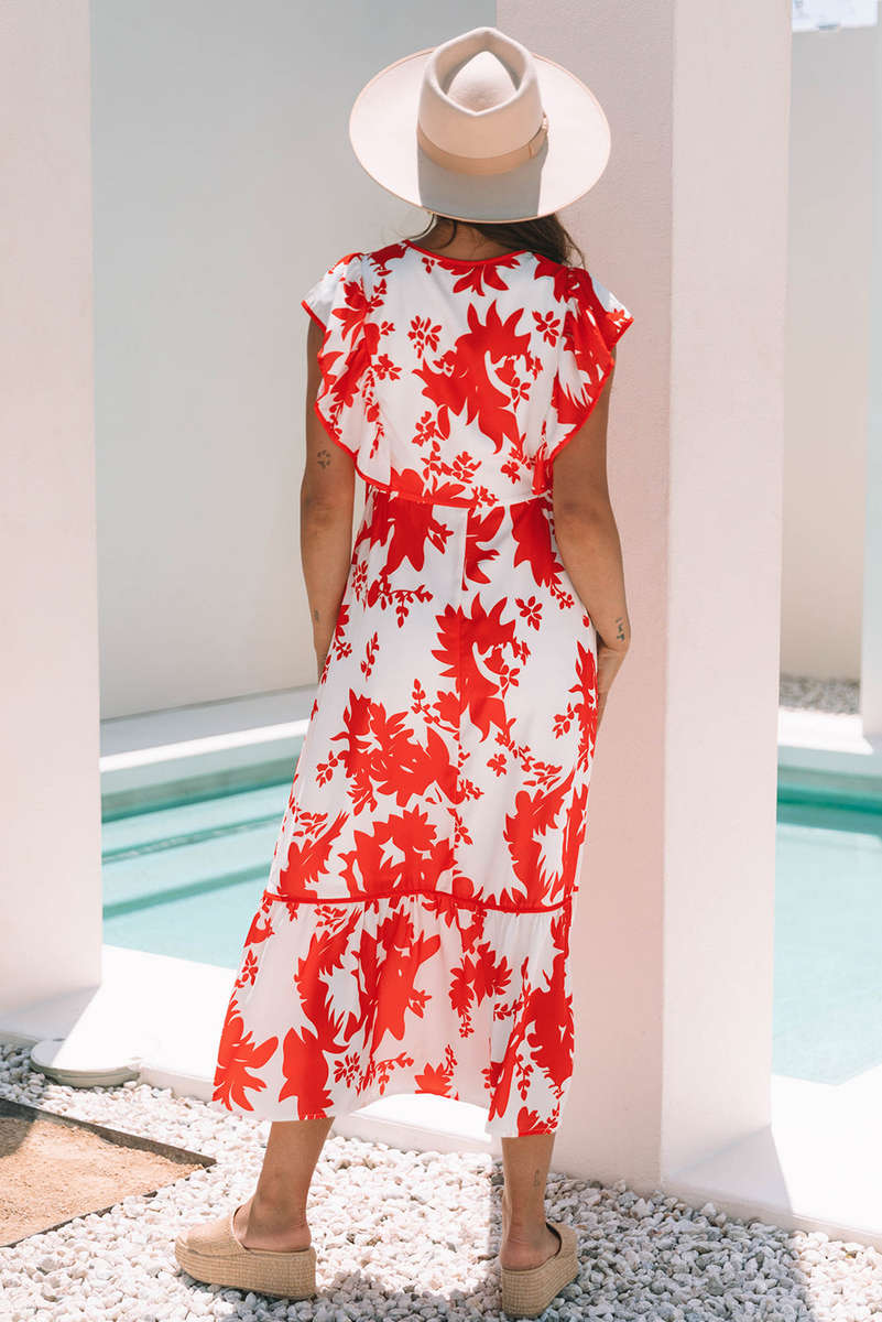 Red Floral Print Trimmed V Neck Ruffle Sleeve Long Dress