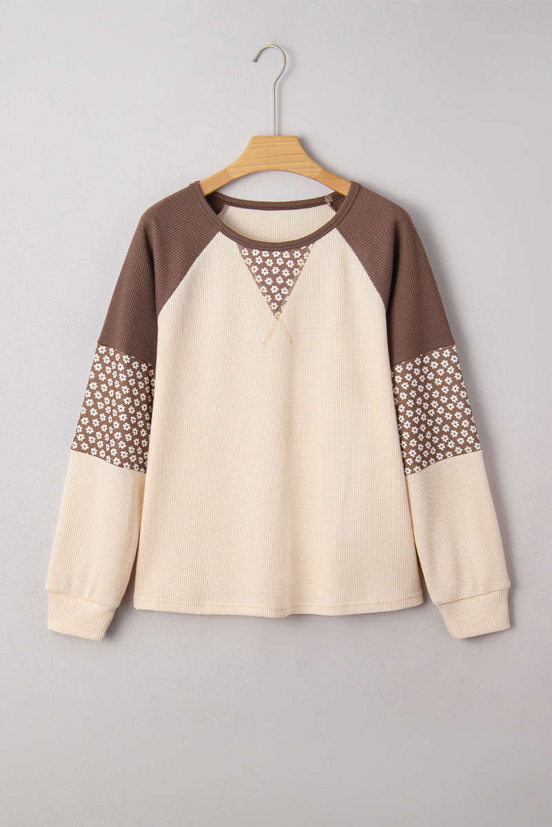 Brown Floral Print Patchwork Color Block Long Sleeve Top