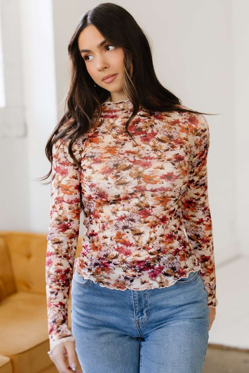 Red Lettuce Trim Floral Print Mesh Long Sleeve Top