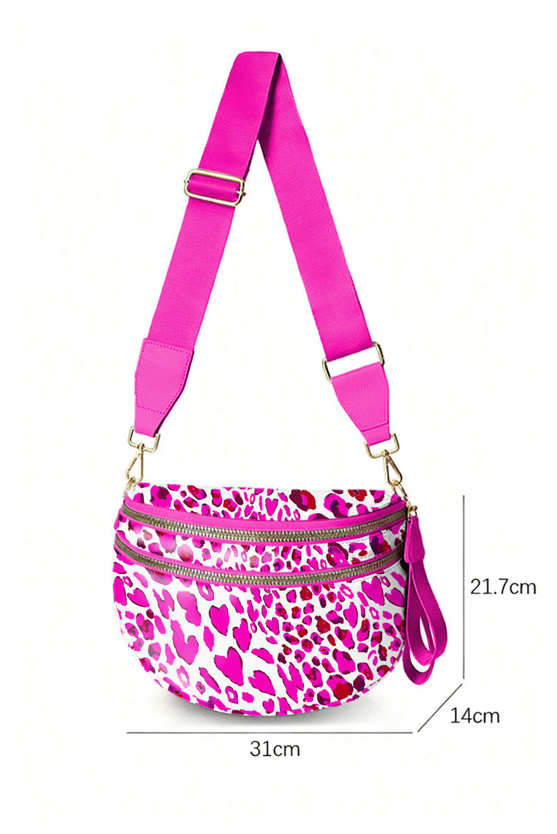 Rose Red Leopard Printed Double Zip Crossbody Bag