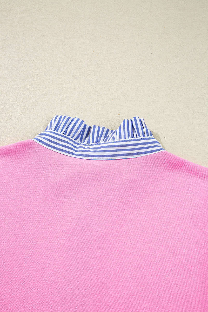 Pink Contrast Striped Collar Patchwork Puff Sleeve Ruffle Hem Mini Dress