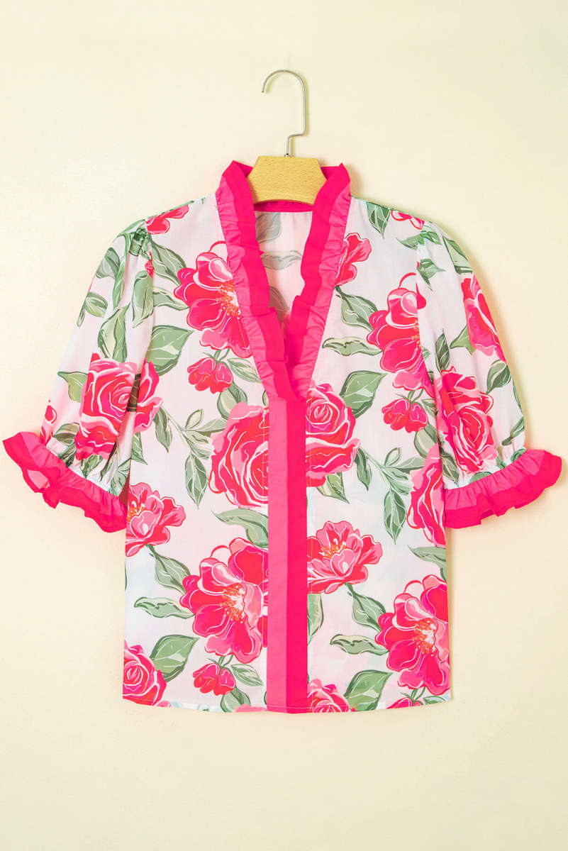 Rose Floral Frilled V Neck Short Sleeve Blouse Top