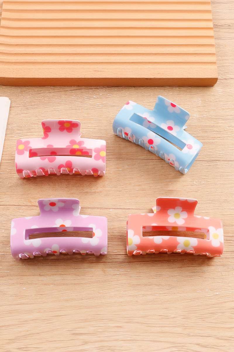 Pink Dainty Flower Printed Rectangular Hollowed Hair Claw Clip