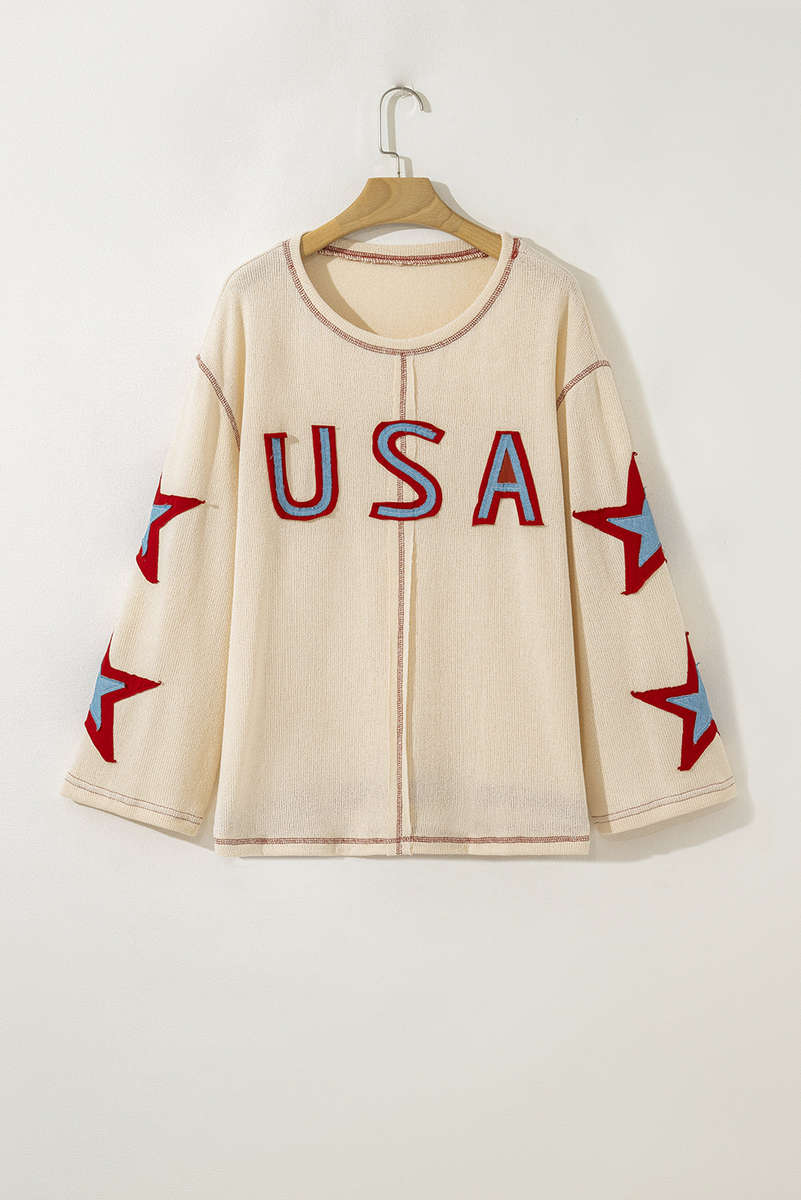 Beige USA Star Contrast Patchwork Exposed Seam Long Sleeve Top