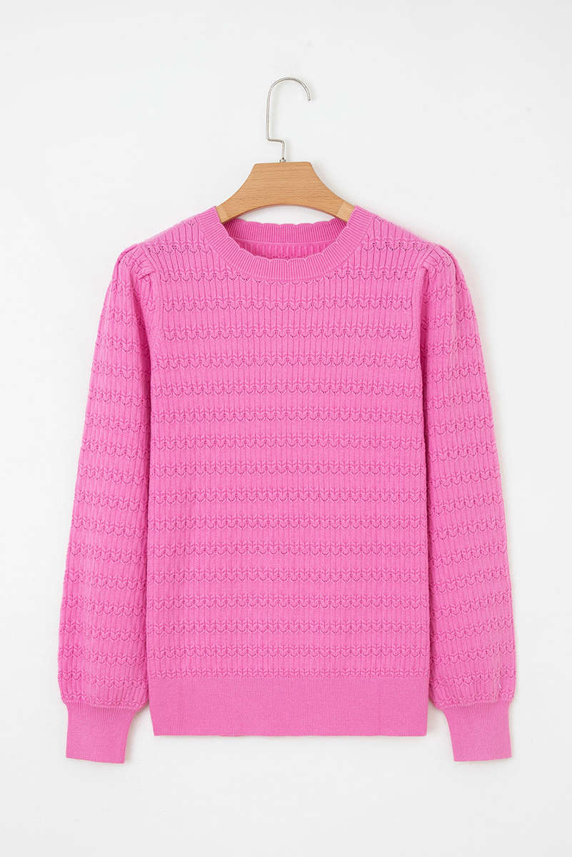 Bright Pink Trendy Pattern Knit Ribbed Cuffs Crew Neck Sweater