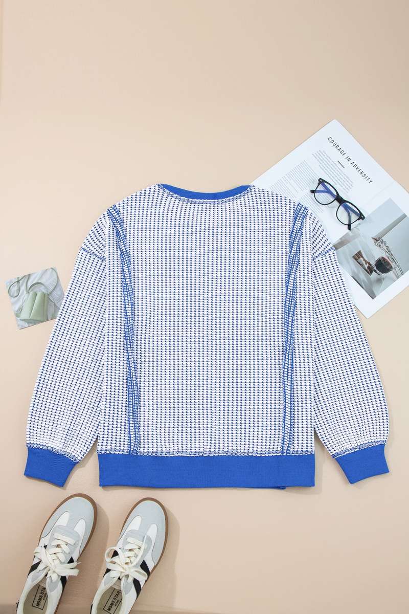 Dark Blue Waffle Knit Exposed Stitching Casual Top with Side Slits