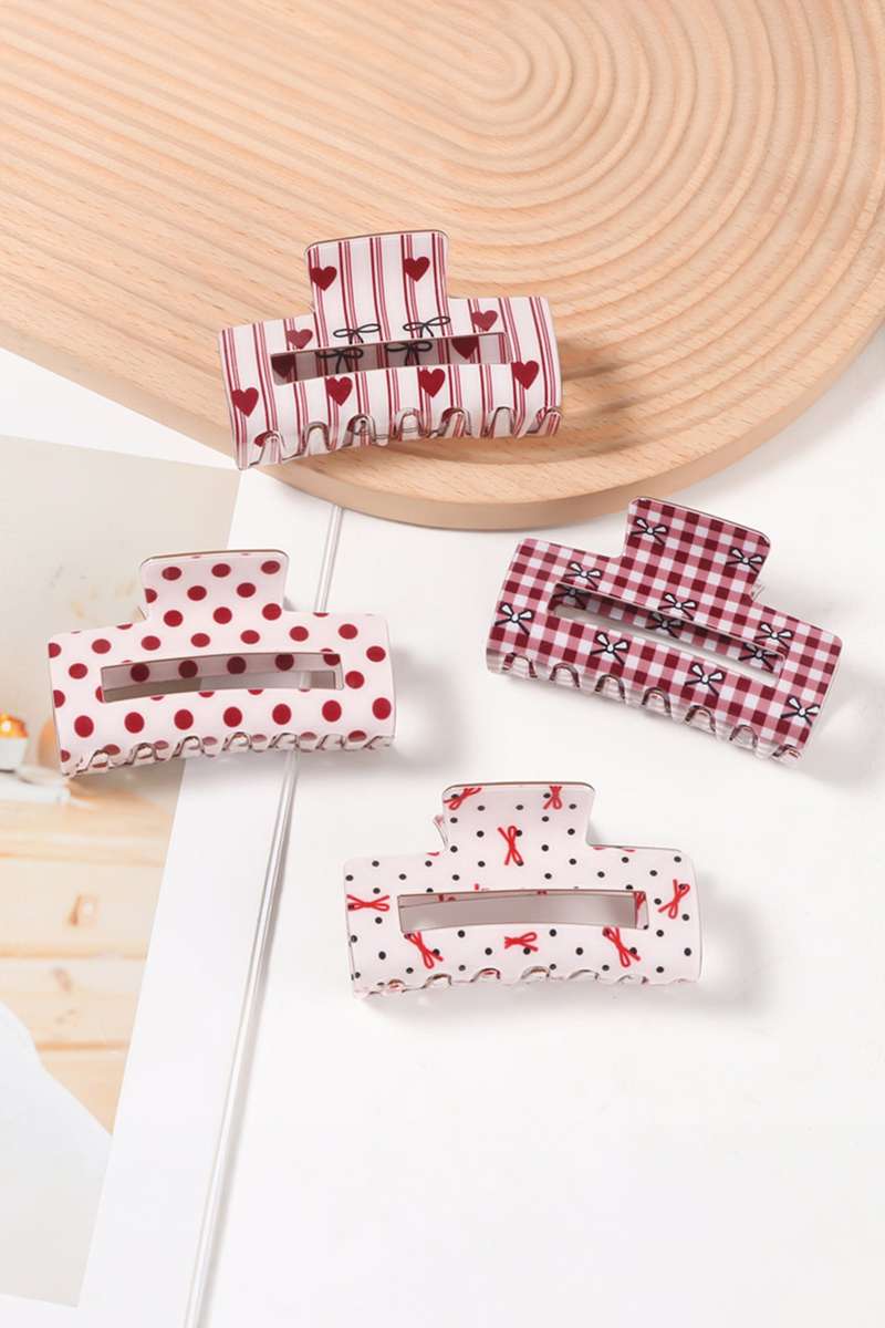 Fiery Red Striped Heart Contrast Bow Printed Rectangle Hair Claw Clip