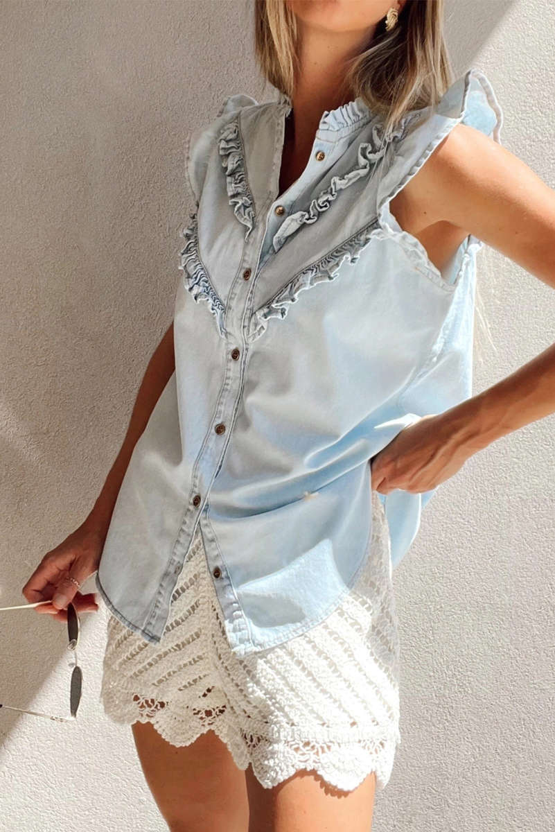 Beau Blue Mineral Wash Frilled Button Up Denim Shirt