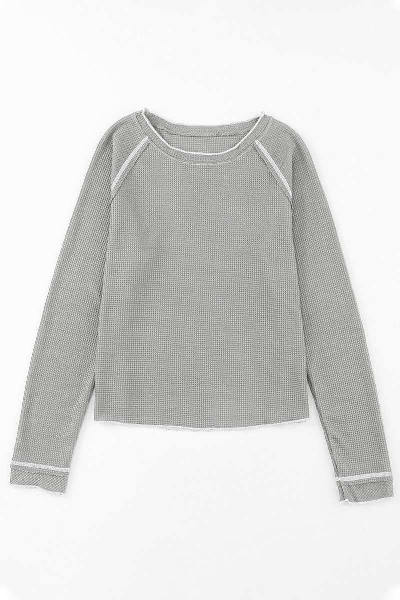 Gray Textured Round Neck Long Sleeve Top