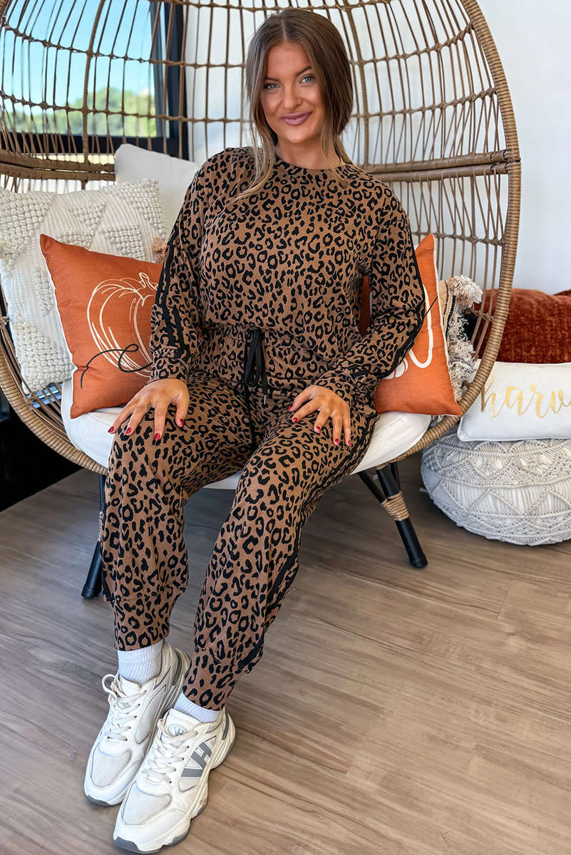 Brown Varsity Striped Trim Leopard Long Sleeve Top Drawstring Pant Set