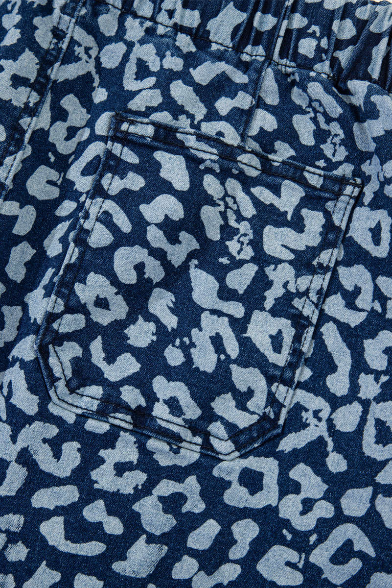 Blue Leopard Printed Drawstring Elastic Waistband Pocketed Wide Leg Jeans