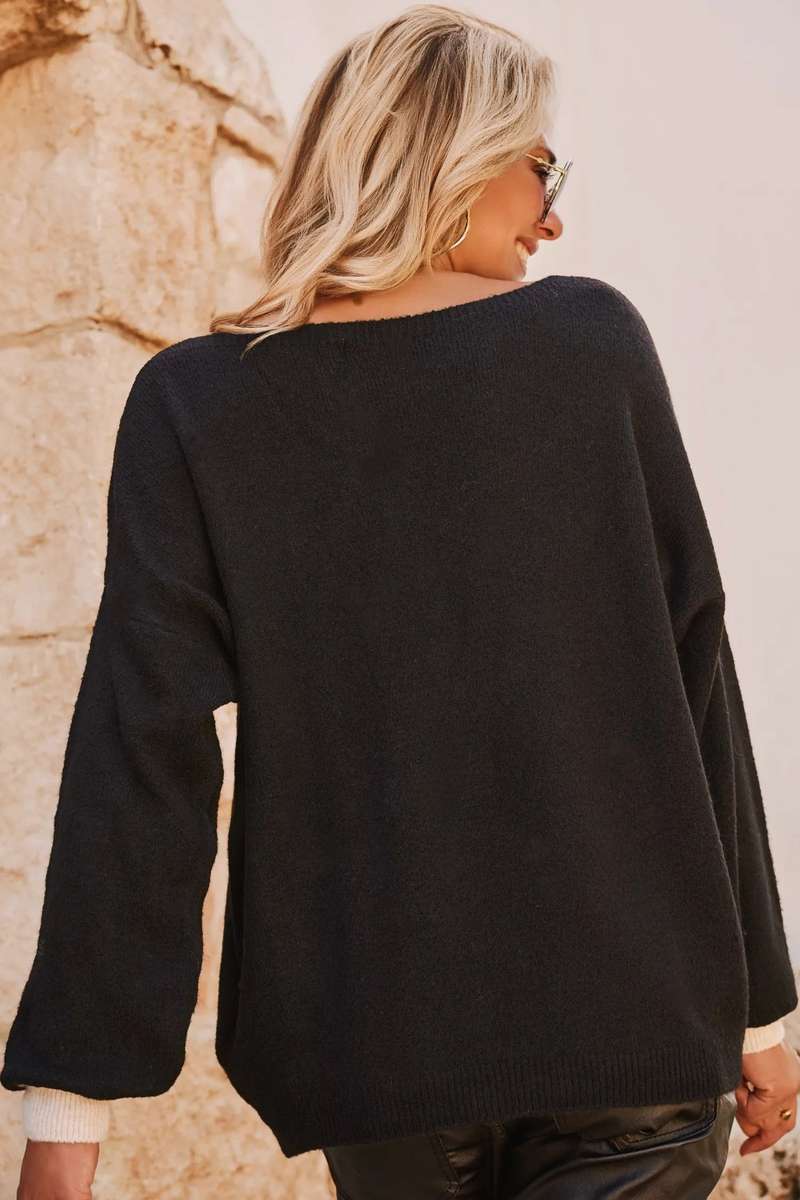 Black Heart Detail Contrast Cuffs Baggy Sweater