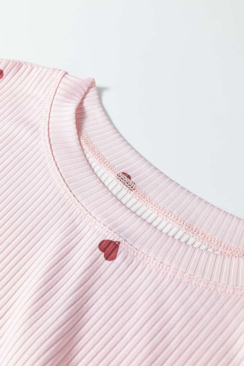 Light Pink Valentine Heart Shape Print Ribbed Knit Short Lounge Set