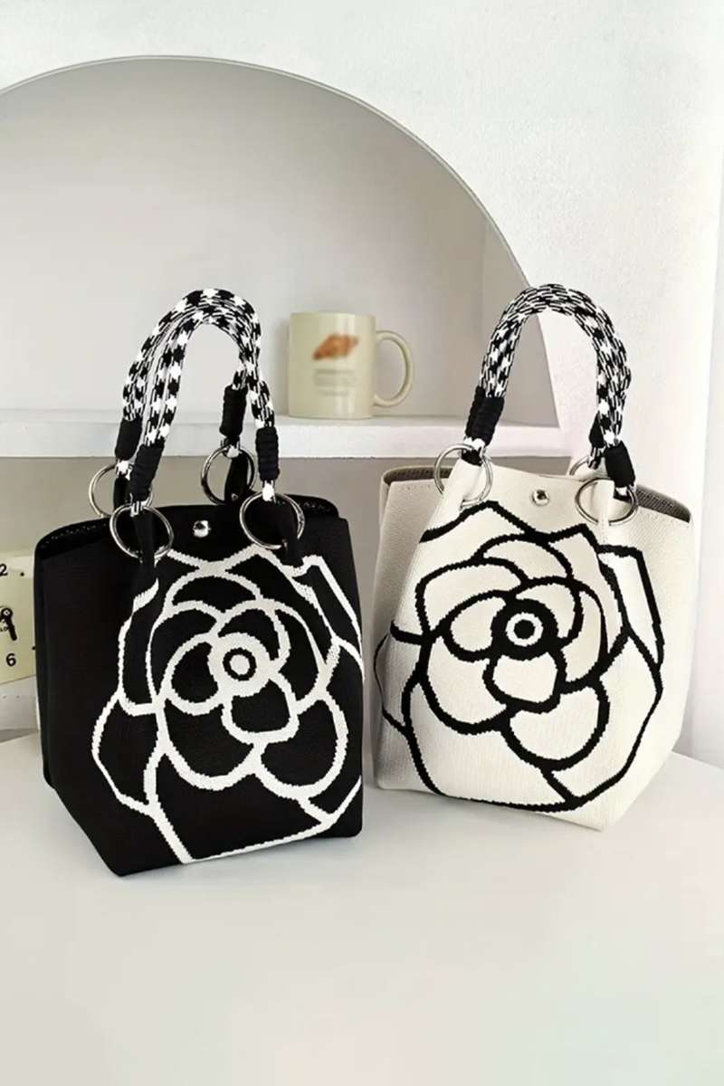 Color black Retro Rose Flower Large Knitted Tote Bag