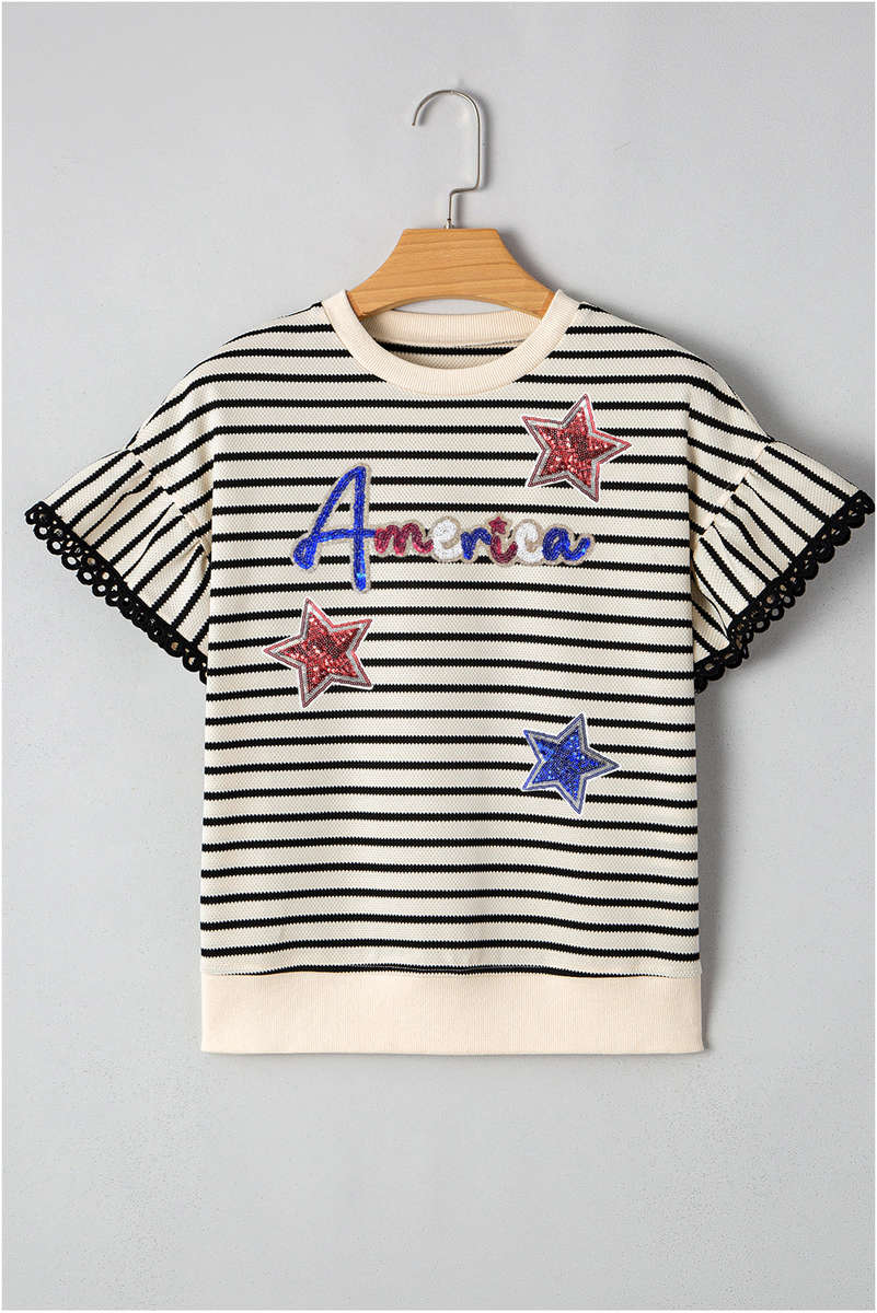 Black Stripe Sequin America Star Graphic Ric Rac Flutter Sleeve Blouse