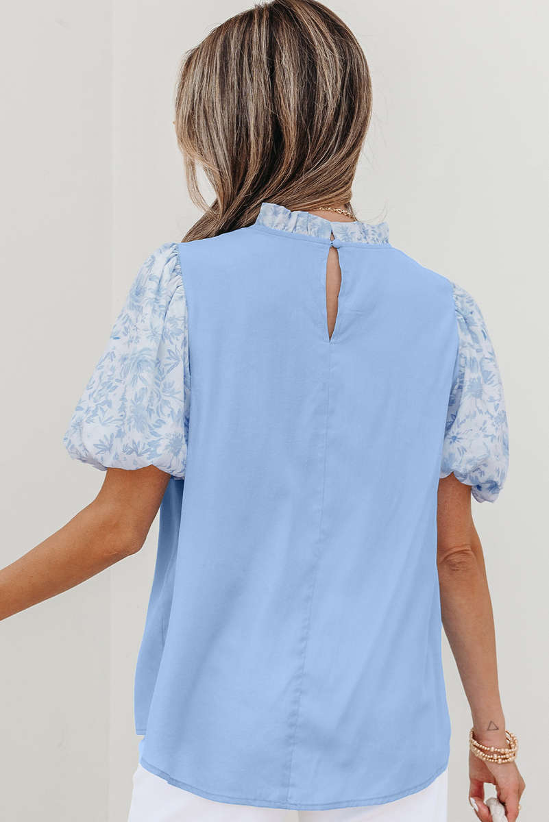 Beau Blue Lace Insert Floral Puff Sleeve Patchwork Loose Blouse