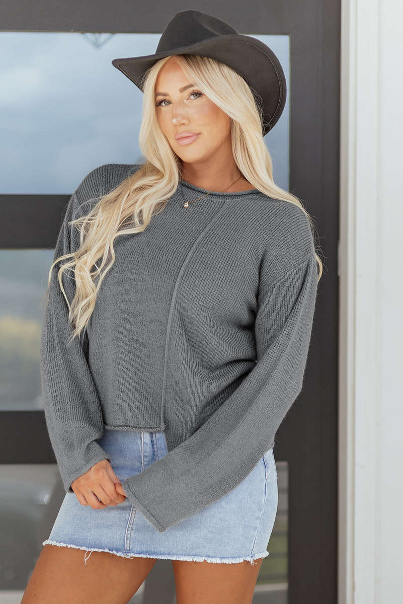 Medium Grey Raw Edge Uneven Hem Patchwork Drop Shoulder Sweater