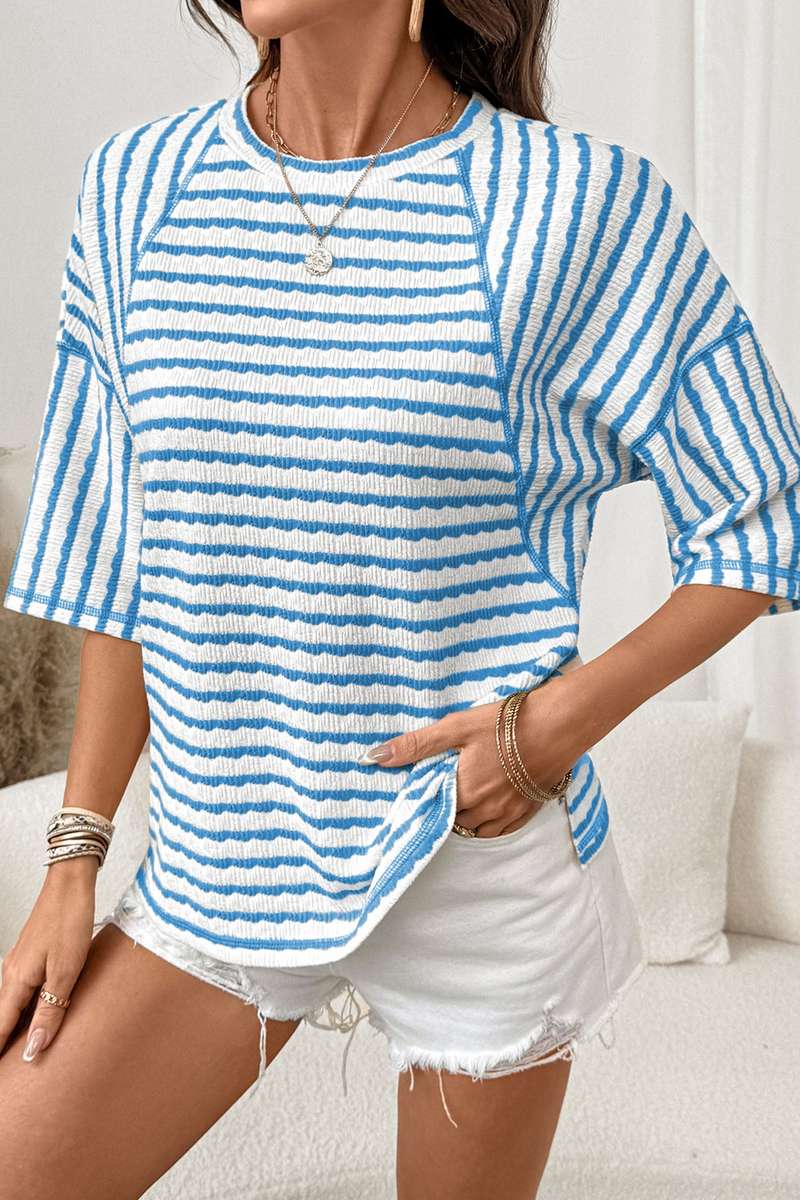 Sky Blue Stripe Textured Knit Split Hem Half Sleeve Loose Top