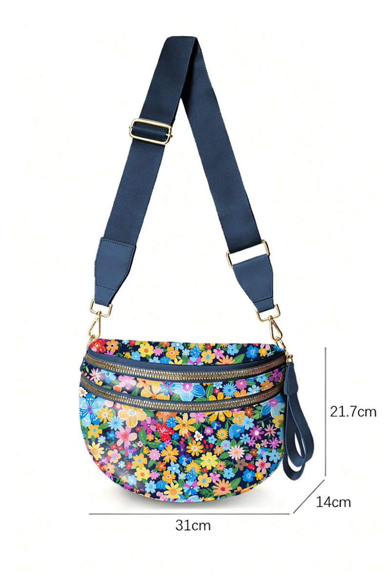 Black Floral Printed Double Zip Crossbody Bag