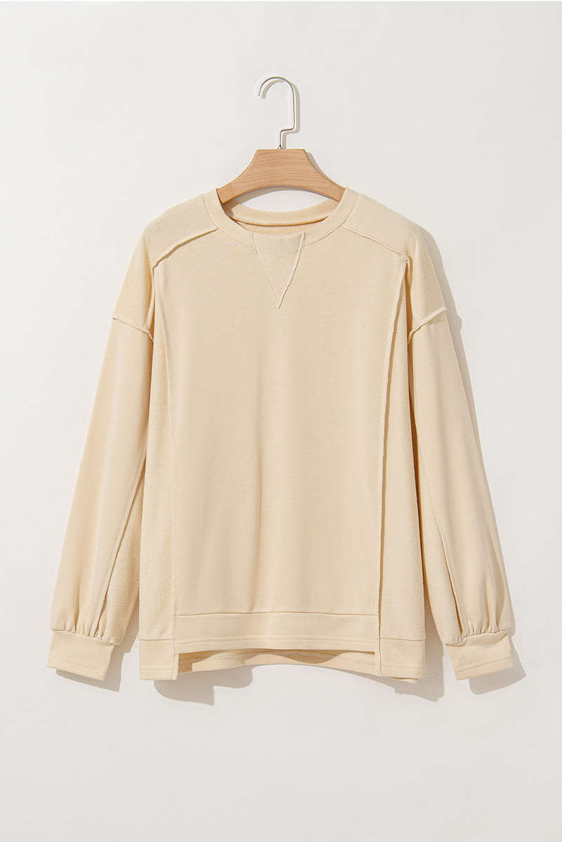 Beige Splicing Round Neck Pullover Sweatshirt