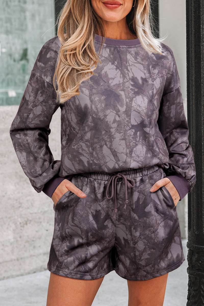 Brown Abstract Woodland Camo Print Baggy Pullover Drawstring Shorts Set