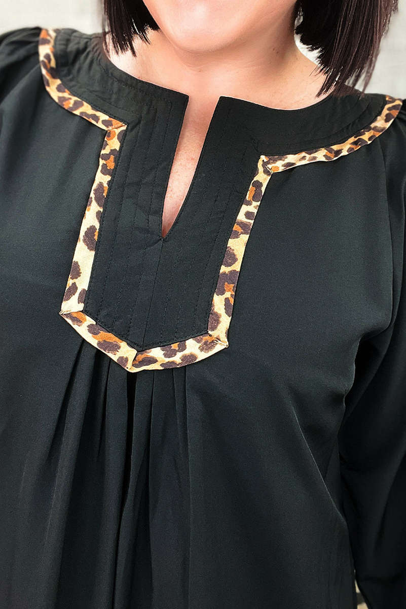 Black Plus Size Notched Neck Leopard Trim Flounce Long Sleeve Shift Dress
