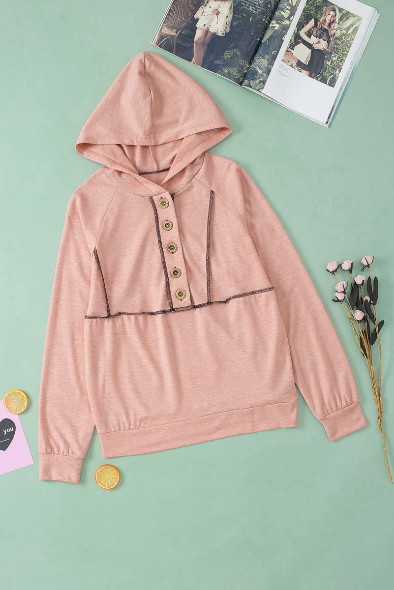 Pink Buttons Front Princess Line Out Seam Hoodie