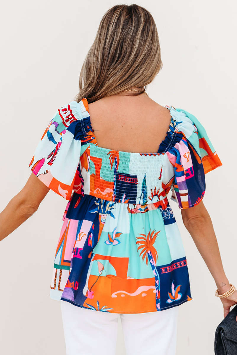 Sky Blue Tropical Printed Square Neck Flutter Sleeve Babydoll Blouse