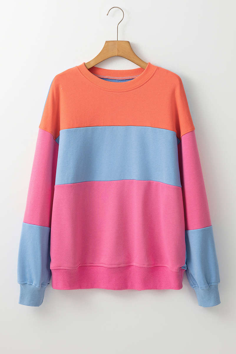 Bright Pink Colorblock Patchwork Drop Shoulder Sweatshirt