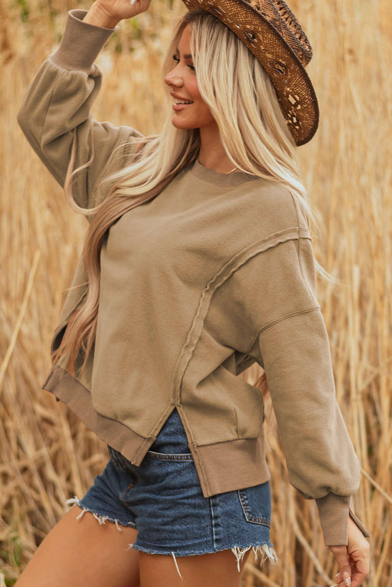 Dark Khaki Fuzzy Sherpa Splicing Pullover Sweatshirt with Side Slit