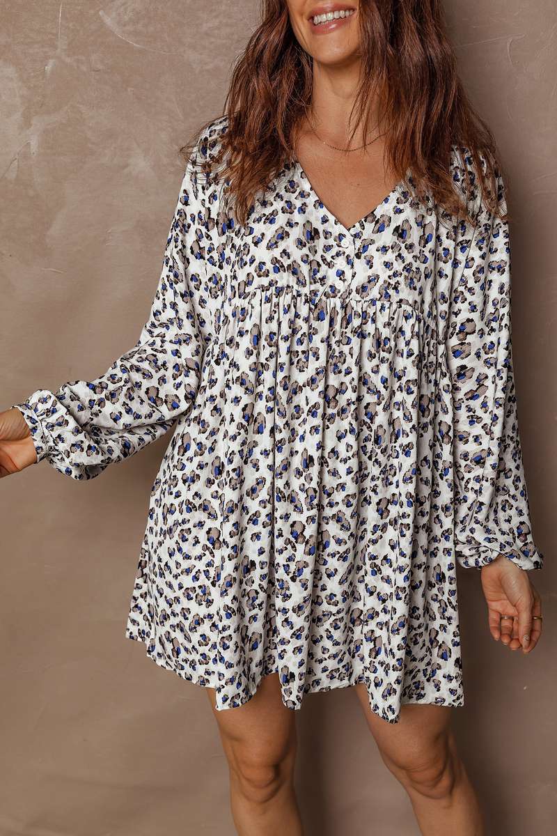 Multicolour Leopard Print V Neck Button Detail Long Sleeve Mini Dress