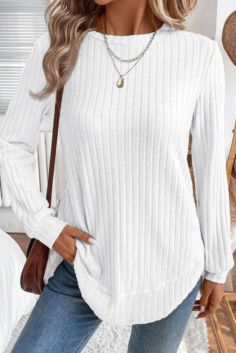 White Ribbed Texture Round Neck Long Sleeve Rounded Hem Knit Top