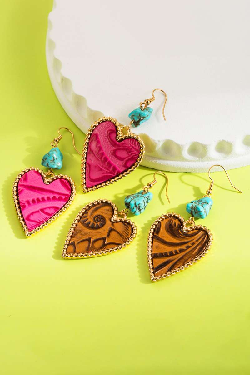 Rose Red Playful Heart Dangle Turquoise Detail Open Hook Earrings