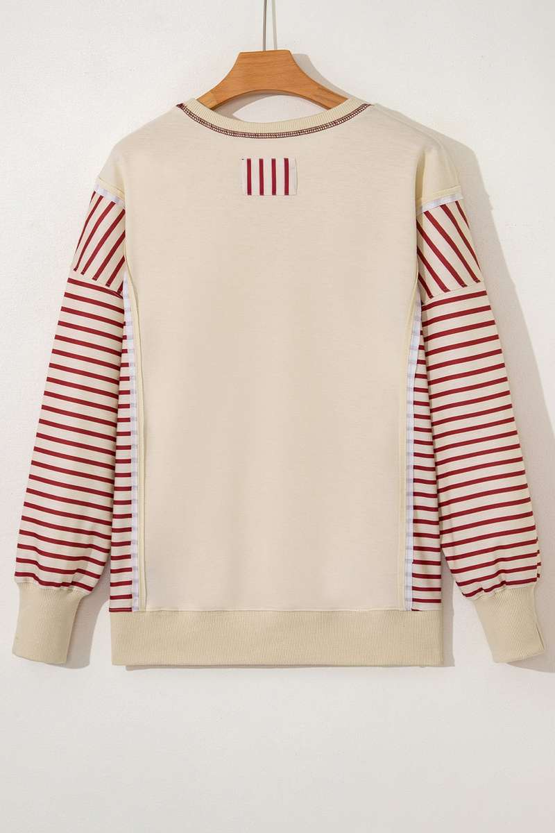 Red Stripe Sleeve Patchwork Casual Knit Top