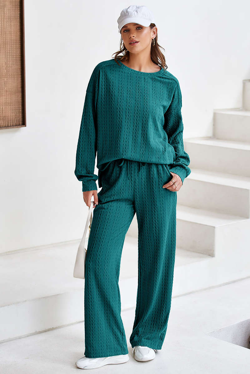 Sea Green Textured Round Neck Sweatshirt & Loose Drawstring High Waist Pant Set
