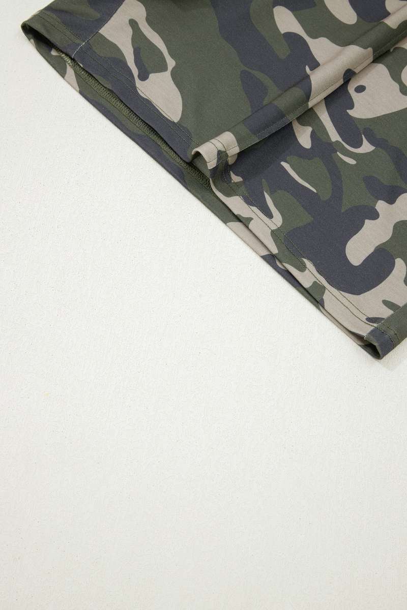 Green Tie Elastic Waist Pocketed Plus Size Camo Shorts