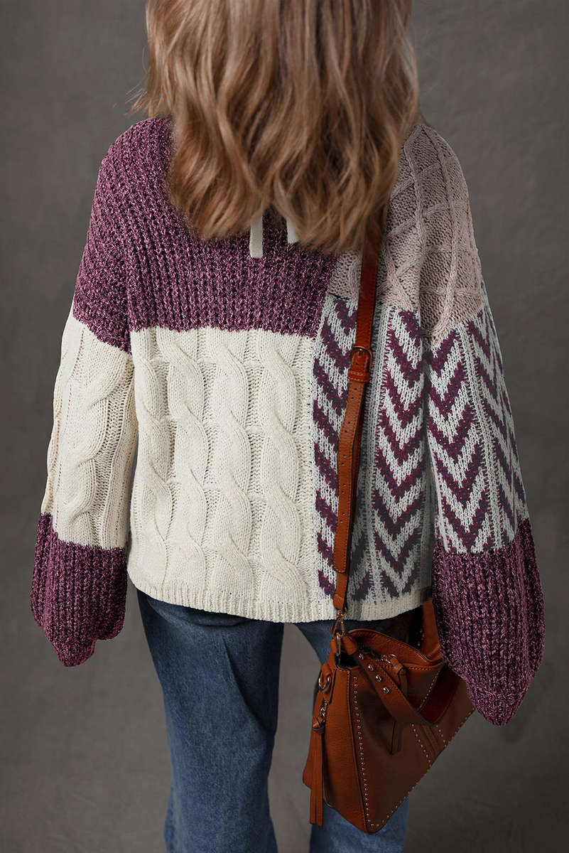 Purple Color Block Patchwork Knotted Back Loose Fit Sweater