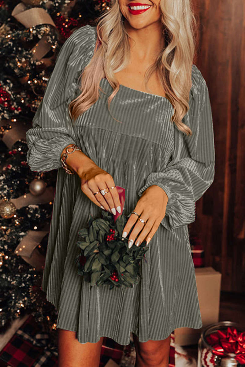 Gray Tie Back Square Neck Velvet Babydoll Dress