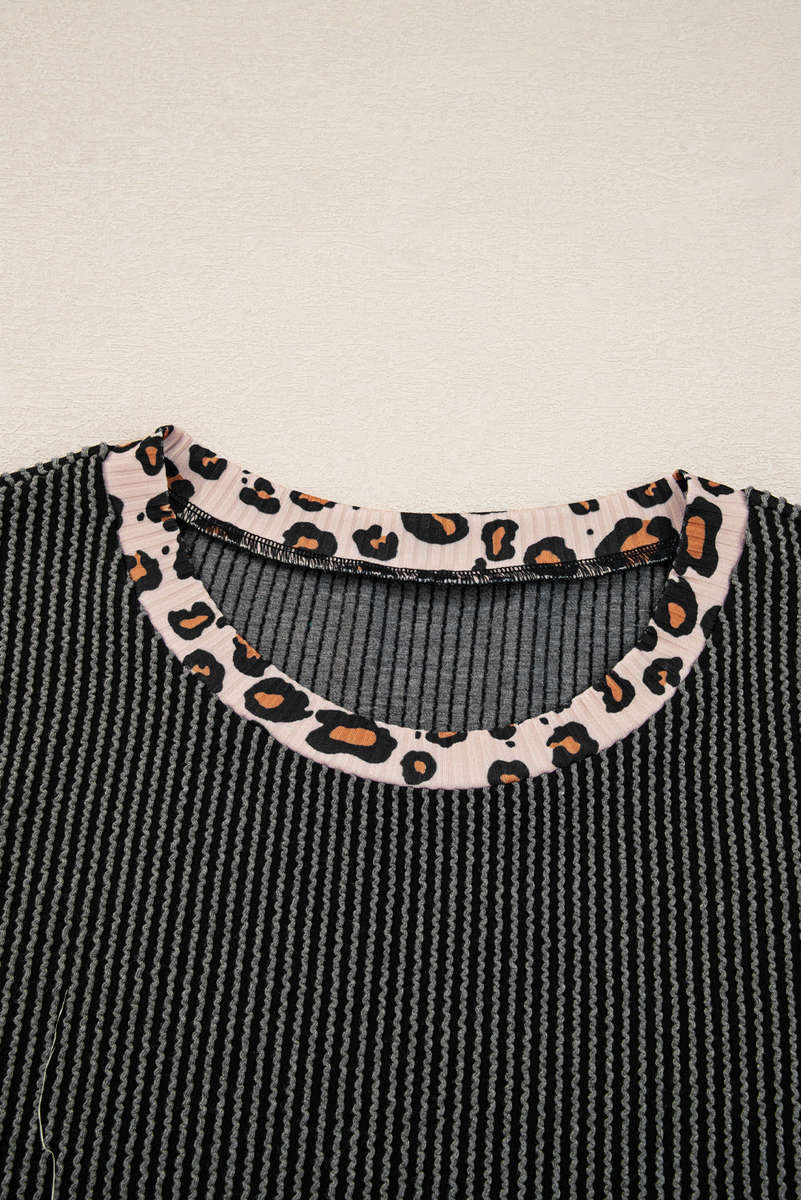 Carbon Grey Twisted Rib Texture Leopard Patchwork Detail 2pcs Pant Set